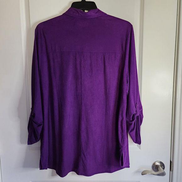 Catherines Faux Suede Top Womens 1X Purple Microfiber Roll Tab Long Sleeve - Picture 4 of 13